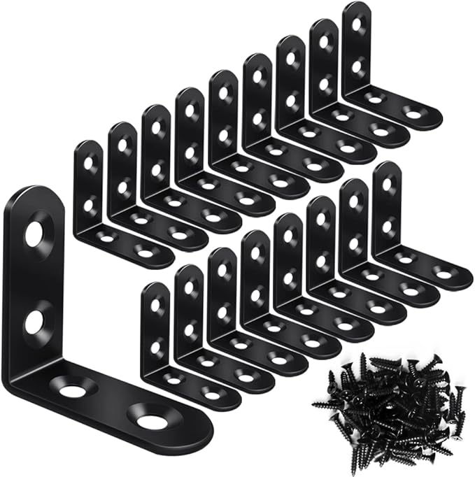 18 Black L Brackets, Stainless Steel Corner Brace for Wood & Metal, Right Angle Bracket for Furniture & Cabinet with 72 Screws (1.57 x 1.57 inch)