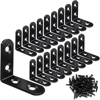 18 Black L Brackets, Stainless Steel Corner Brace for Wood & Metal, Right Angle Bracket for Furniture & Cabinet with 72 Screws (1.57 x 1.57 inch)