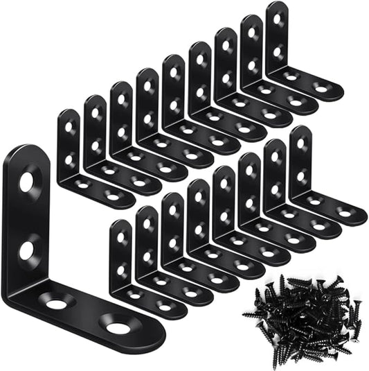 18 Black L Brackets, Stainless Steel Corner Brace for Wood & Metal, Right Angle Bracket for Furniture & Cabinet with 72 Screws (1.57 x 1.57 inch)