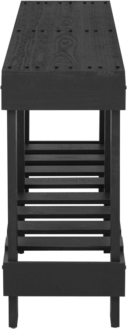 62.9-Inch Extra-Length Tabletop Vintage Entryway Table, Solid Cedar Wood Console Table with 6 Reinforced Legs, Metal Rivet Decor and Plank Under-Shelf for Hallway, Living Room (Black-J41)