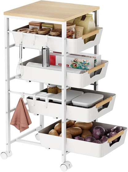 5-Tier Kitchen Storage Cart, Wood Top Rolling Cart Organizer with Pull-Out Baskets & Wheels, Metal Snack Cart with Holder for Fruit, Vegetable, Microwave, Kitchen, Pantry, White
