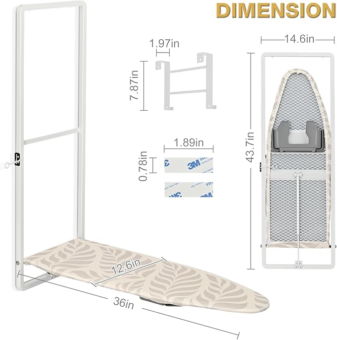 KINGBOARD Over Door Ironing Board, Hanging Ironing Board with Iron Holder, 36" X 12" Compact Fold Down Iron Board for Small Spaces, Removable Heat Resistant Cover, White