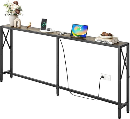 70" Sofa Tables Narrow Long, Behind Couch Table with Oulets & USB Ports, Industrial Long Skinny Stand for Entryway,Hallway, Living Room, Bedroom 7.9" D x 70" W x 30.3" H