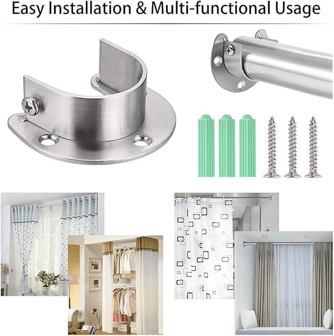 OwnMy 4 Packs Closet Rod End Supports Brackets 1-1/2" Diameter, U Shaped Stainless Steel Closet Pole Sockets Flange Rod Holder for Closet Wardrobe Shower Curtain (Silver Tone)