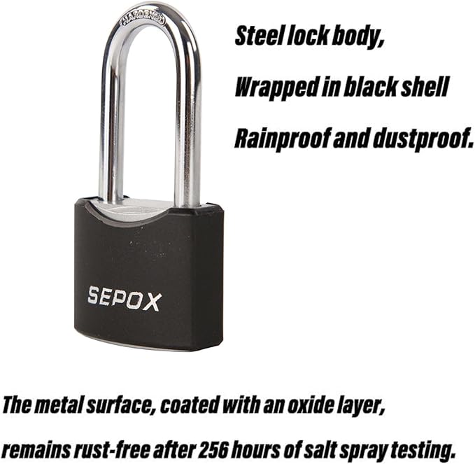 SEPOX®50-Pack 1-9/16" Outdoor Padlocks, Keyed Alike, 1-5/8" Long Shackle, Black Powder Coated, Long Shackle Brass Cylinder for Gates, Sheds, Storage, Marine Use