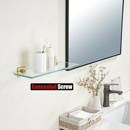 JQK Bathroom Glass Shelf, Floating Tempered Glass Shower Storage 16 by 5 inches, 304 Stainless Steel Brushed Gold Wall Mount, TGS201L16-BG