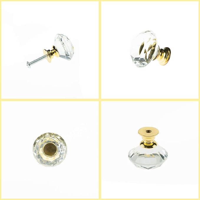 YourGift 30 Pack Drawer Knobs Diamond Shaped Crystal Glass 30mm Cabinet Knobs Pull Handle (30 mm, 30 Pack, Gold)