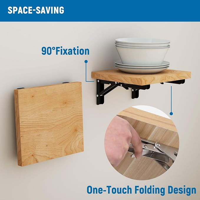 LEOPO 8 inch Folding Shelf Brackets-2 Pack Foldable Heavy Duty Triangle Collapsible Wall Mounted Brackets for Fold Down Table, Space Saving for Bench Table with Screws, Black