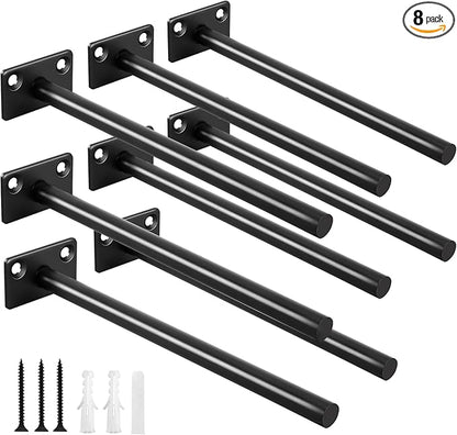 8 Pcs 8" Black Solid Steel Floating Shelf Bracket Blind Shelf Supports - Hidden Brackets for Floating Wood Shelves - Concealed Blind Shelf Support – Screws and Wall Plugs Included