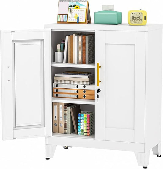 35.43" Metal Storage Cabinet with Lock, Metal File Cabinet with 2 Doors ＆ 2 Adjustable Shelves, Steel Locker Utility Tool Garage Cabinets for Home, Office, Warehouse (White)