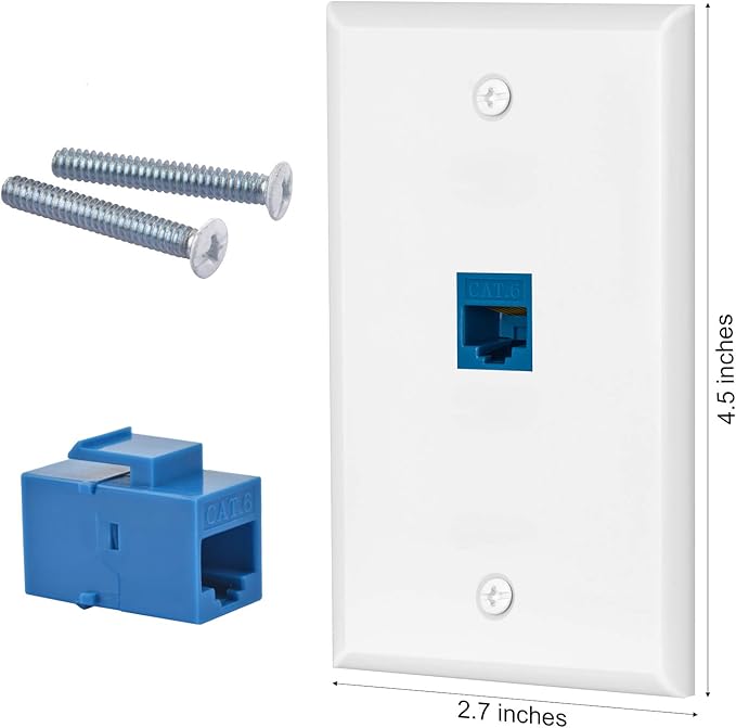 2 Pairs Ethernet Wall Plate Cat6 1 Port Keystone Jack Wall Plate with RJ45 Coupler Outlet Connector and Single Gang Low Voltage Mounting Bracket
