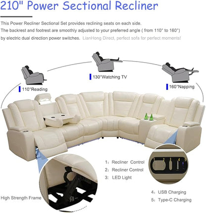 Power Recliner Sectional Couch Sets, Power Sectional Sofa with 3 Seated Sofa, L-Shaped Power Recliner Couch with LED, Read Light, Breathing Leather, Cup Holder, Storage for Living Room/Office