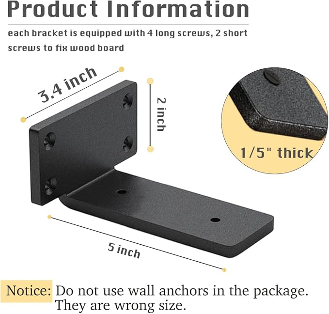 4 Pack Shelf Brackets 5 Inch Floating Shelf Bracket 1/5 inch Thick Heavy Duty Hidden Shelf Brackets Iron Metal Brackets for Shelf Support with Screw Included