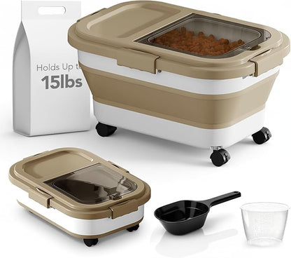 Ca15 Lbs Dog/Cat Food Storage Container,Collapsible Food Storage Containers with Rolling Wheel Airtight Locking Lid,Pet Food Storage Container with Cup and Scoop,Khaki