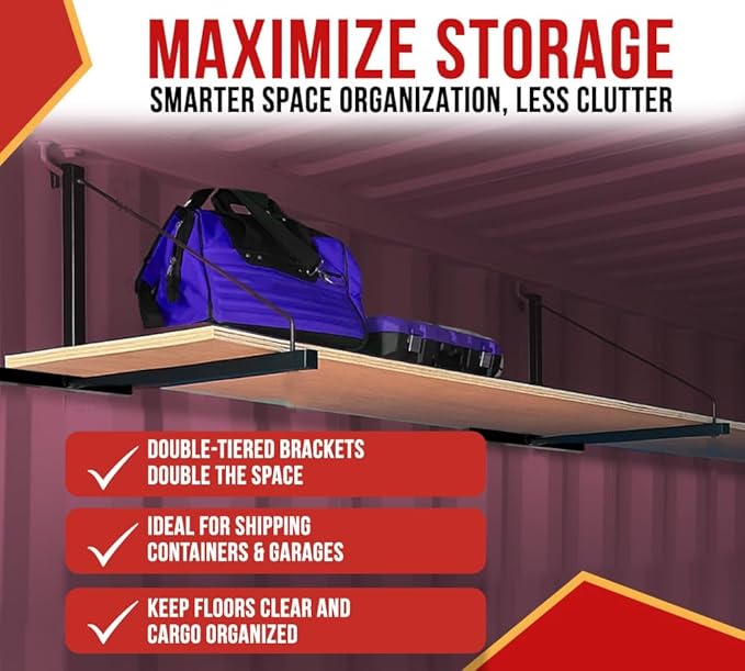 Mytee Products 3 Pack 1 Tier Shipping Container Shelving Bracket with Hooks - 16"x18", 550 lbs WLL - Black Powder Coated Steel for Heavy Duty Trailer Containers - Easy to Assemble & Remove