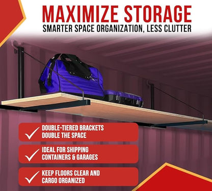Mytee Products 4 Pack 1 Tier Shipping Container Shelving Bracket with Hooks - 16"x18", 550 lbs WLL - Black Powder Coated Steel for Heavy Duty Trailer Containers - Easy to Assemble & Remove