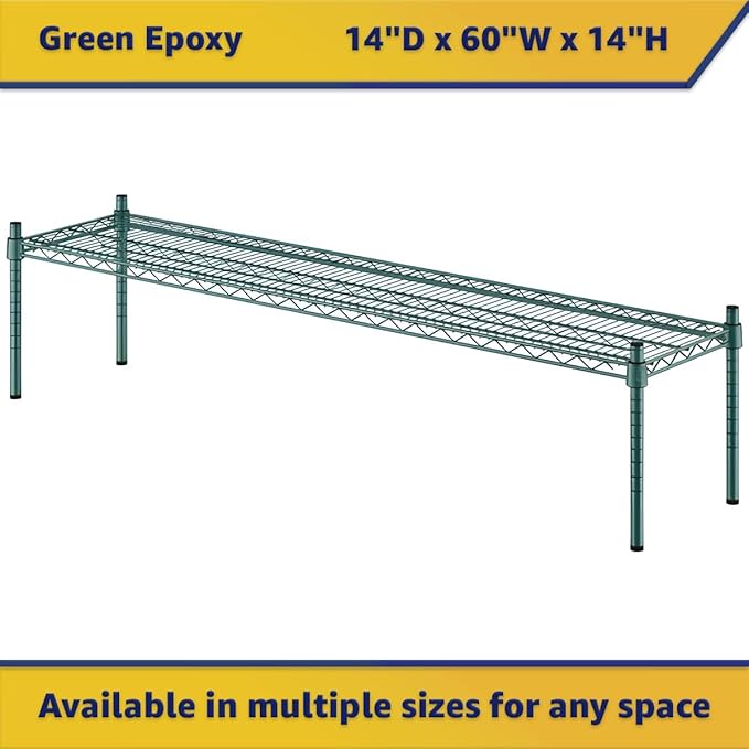 14" x 60" x 14" Green Epoxy Wire Storage Shelf, Dunnage Rack, Commercial 1 Tier Small Shelf