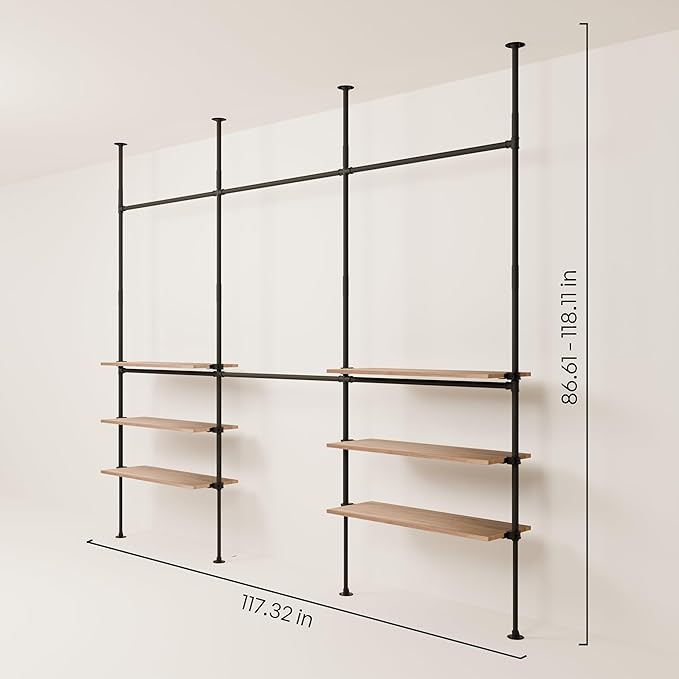 pamo Industrial Pipe Clothing Rack with Shelf - 550 lbs Capacity - Clamping Clothes Rack and Walk In Closet with Oak Shelf for Wardrobe
