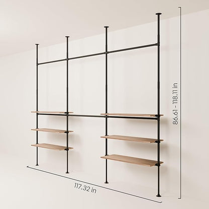 pamo Industrial Pipe Clothing Rack with Shelf - 550 lbs Capacity - Clamping Clothes Rack and Walk In Closet with Oak Shelf for Wardrobe