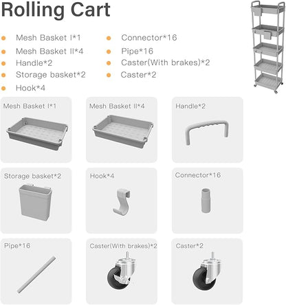 5 Tier Rolling Utility Cart with Handle,REBECAT Utility Cart Made of Multifunctional Storage Organizer Tool for Kitchen,Bathroom,Living Room,Office(Gray)