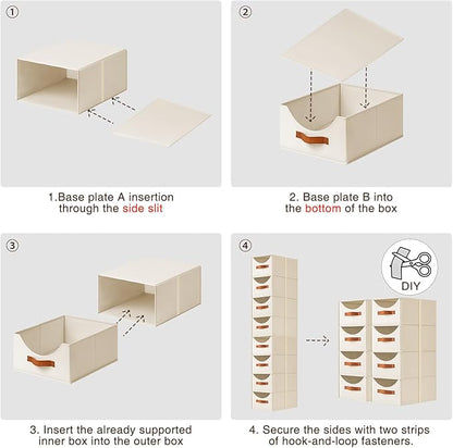 Stackable Storage Drawers - Collapsible Storage Bins with Drawers, 8 Pack Closet Shelf Organizer Basket, Fabric Pull Out Organizer for Bedroom, Living Room, Dorm, Beige