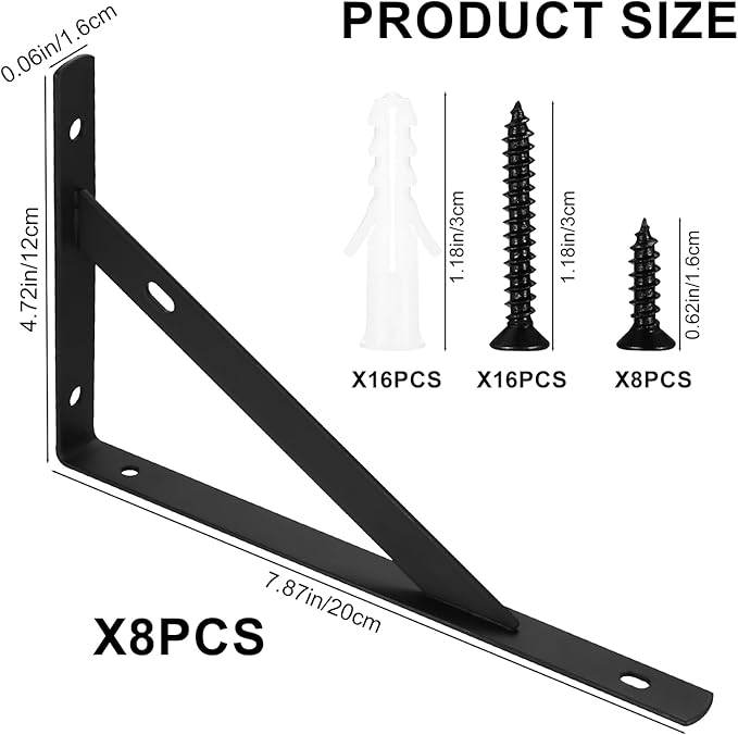 Heavy Duty Shelf Brackets - 8 Pcs Metal Wall Mount L Shaped Shelves Support Angle Brackets (7.87x4.72 inch)