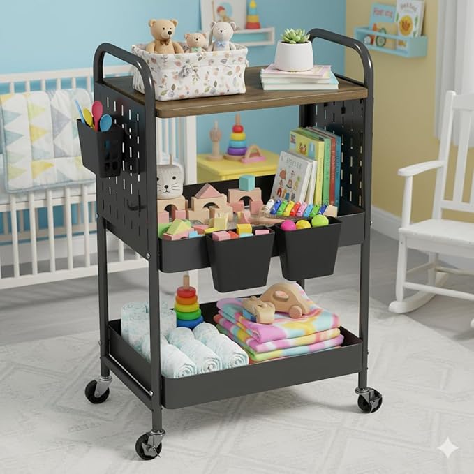 danpinera 3 Tier Rolling Cart, Metal Storage Cart with Wooden Tabletop, Storage Cart with DIY Pegboards & Locked Wheels, Hooks & Hanging Cups for Any Room, Black