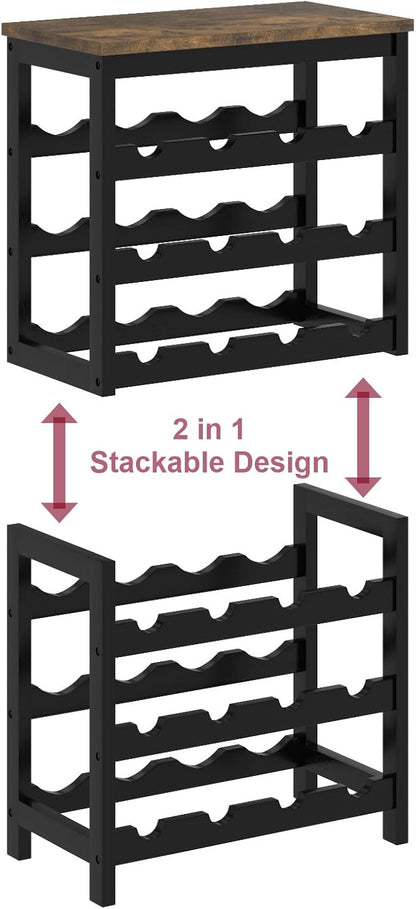 6 Tier Bamboo Wine Rack Freestanding Floor, 24 Bottles Wine Storage Shelves with Table Top, Stackable Wine Display Rack for Kitchen, Bar, Dining Room, Rustic Brown and Black