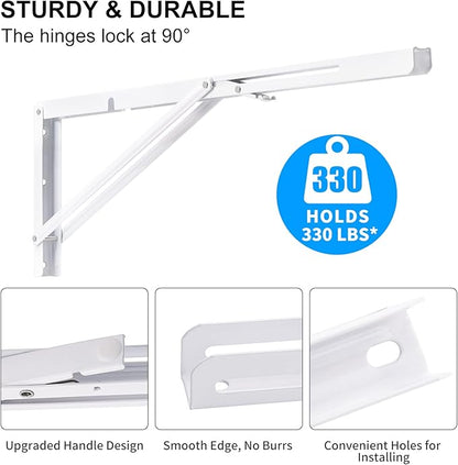 YUMORE 24 Inch Folding Shelf Brackets, Heavy Duty L Bracket, White DIY Collapsible Shelf Bracket for Workbench Folding Table Hinge, Max Load: 330lb, 2 Pack