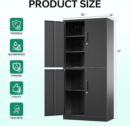 Letaya Metal Storage Cabinet with Lock Door, Adjustable Shelf Steel Cabinets for Office, Home,Pantry,Kitchen,Garage Utility Cabinet (4 Door-Black)