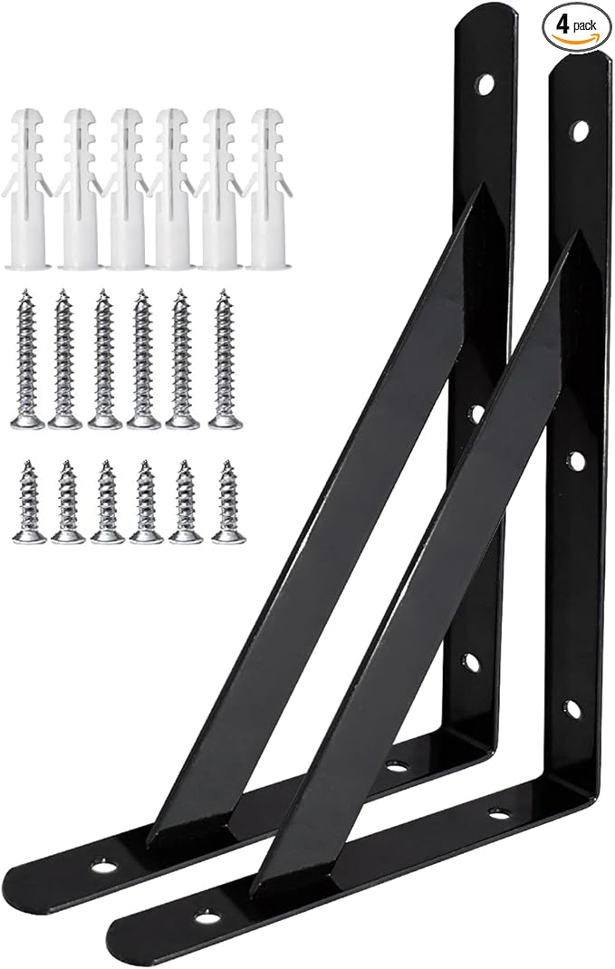 Shelf Brackets 6 x 4 Inch, for 5 8 10 12 16 20 Inch Heavy Duty Brackets 2 Pack, Black Powder-Coated Small Shelf Brackets Wall Mount Steel Bracket Wall Brackets