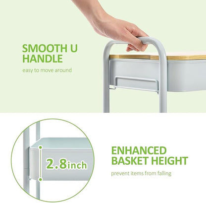 TOOLF 3-Tier Rolling Cart with Table Top, Metal Storage Cart on Wheels, Utility Organizer with Wooden Tray, Lockable Casters, Easy Assembly for Bathroom, Bedroom, Baby Room, Kitchen, Green