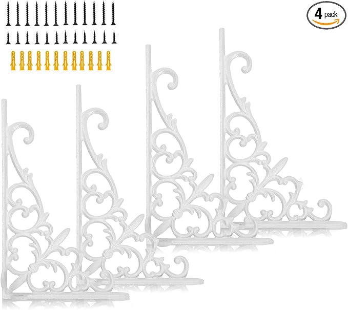 Z Metnal Decorative Shelf Brackets, White Cast Wrought Iron Metal Mailbox Bracket, 90° Right Angle Victorian Brackets, Wall Decor, Modern Shelving Bracket for DIY Floating Shelves, 4 Pcs