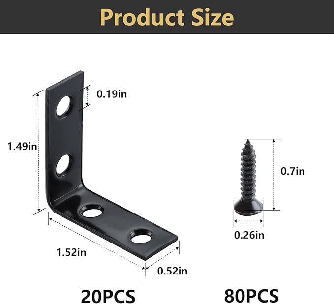 HOME MASTER HARDWARE L Bracket Corner Brace Sets, 1-1/2 " Right Angle Bracket, Metal L Brackets for Shelves Wood Furniture Frame with Screws 20 Pack,Black