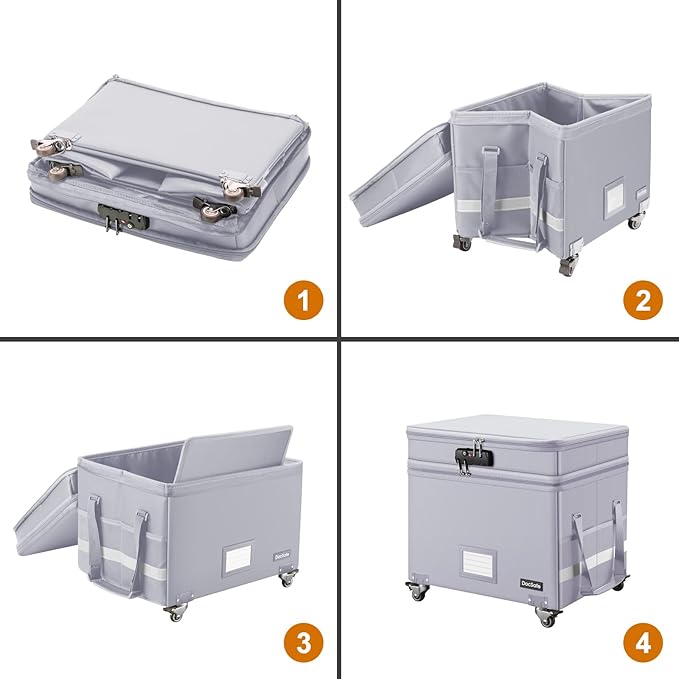 DocSafe Fireproof Document Box with Lock,2-Layer File Box with Wheels,Collapsible File Storage Organizer with Pockets,Large Portable Home Office Filing Cabinet Safe for Hanging Folders,Silver