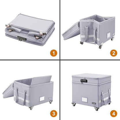 DocSafe Fireproof Document Box with Lock,2-Layer File Box with Wheels,Collapsible File Storage Organizer with Pockets,Large Portable Home Office Filing Cabinet Safe for Hanging Folders,Silver