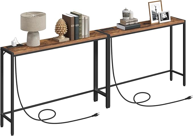 Console Table, 2 Pack Narrow Sofa Table, 43.3” Entrance Table with Power Station, Behind Couch Table, for Living Room, Hallway, Entryway, Foyer, Rustic Brown and Black CTHR112E01S2