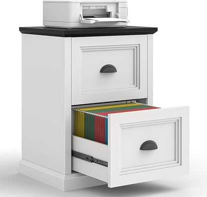 Vertical File Cabinet, Filing Cabinet with 2 File Drawers, Farmhouse Small File Cabinet Fits Letter/A4 Size, Wooden Printer Stand, Under Desk Cabinets for Home Office, White and Black