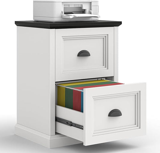 Vertical File Cabinet, Filing Cabinet with 2 File Drawers, Farmhouse Small File Cabinet Fits Letter/A4 Size, Wooden Printer Stand, Under Desk Cabinets for Home Office, White and Black