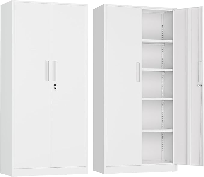 72” Metal Storage Cabinet, Lockable File Cabinets with 2 Doors and 4 Adjustable Shelves, Steel Tool Cabinets with Lock for Office, Home, Gym, White-Small