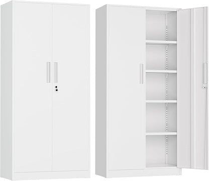 72” Metal Storage Cabinet, Lockable File Cabinets with 2 Doors and 4 Adjustable Shelves, Steel Tool Cabinets with Lock for Office, Home, Gym, White-Small