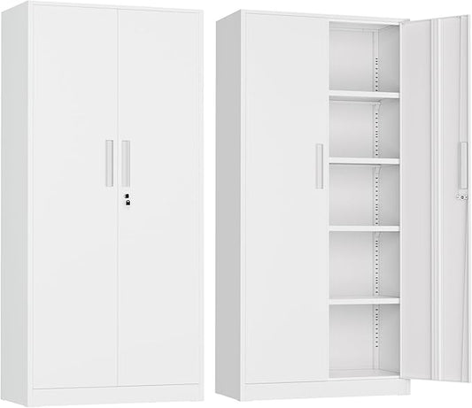 72” Metal Storage Cabinet, Lockable File Cabinets with 2 Doors and 4 Adjustable Shelves, Steel Tool Cabinets with Lock for Office, Home, Gym, White-Small