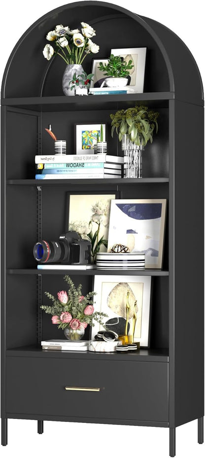 Metal Arched Bookcase Cabinet with 2 Adjustable Shelf, Black Arched Bookshelf with Drawer for Home Office Living Room,Required Assembly