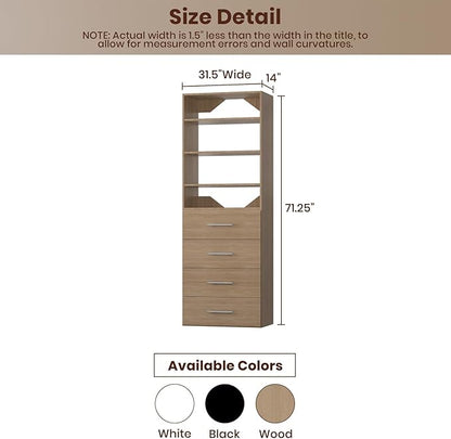 ROOMTEC Modular Closet System, 31.5" 4 Drawer Shelf Closet Tower Wall-Mounted Closet Organizer, Wooden Tower for Walk-In Closets, Wardrobe Storage Kit, Wood