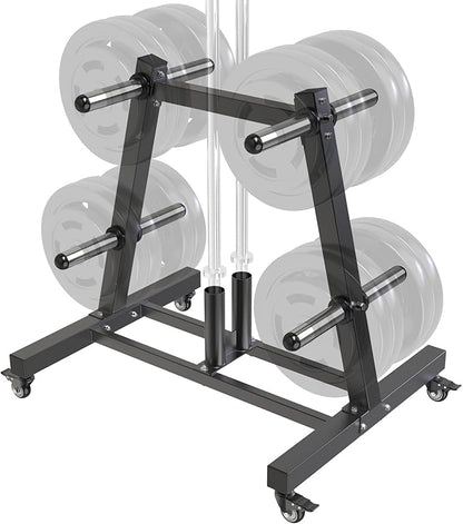 SELEWARE Olympic Weight Plate Tree Rack with 8 Weight Pegs & 2 Barbell Holders, Heavy-Duty Steel Gym Storage Organizer with Locking Wheels for 2 Inch Olympic Plates & Bars