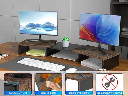 Dual Monitor Stand for Desk, Wooden Monitor Riser, Desk Shelf for Top of Desk, Computer Stand for Home and Office Use (Wood)
