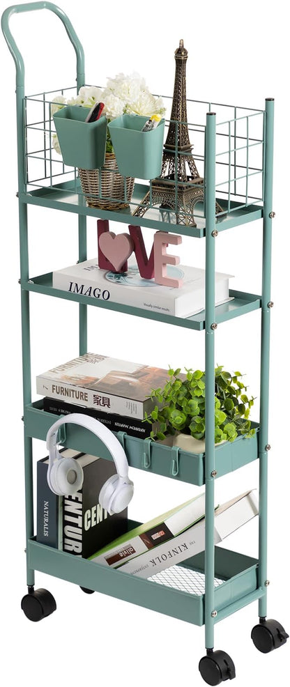 danpinera Rolling Utility Cart with Wheels, 4 Tier 7.7'' Metal Rolling Narrow Storage Cart with Hooks and Hanging Cups on Wheels for Bathroom, Kitchen, Office and Small Spaces, Green