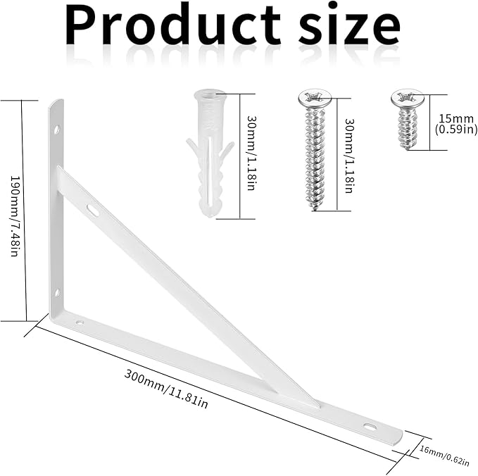 8 Pcs Heavy Duty Shelf Brackets, Floating Metal Shelf Brackets, White, 11.81 x 7.48 Inch, Wall Mount, Powder Coated Iron