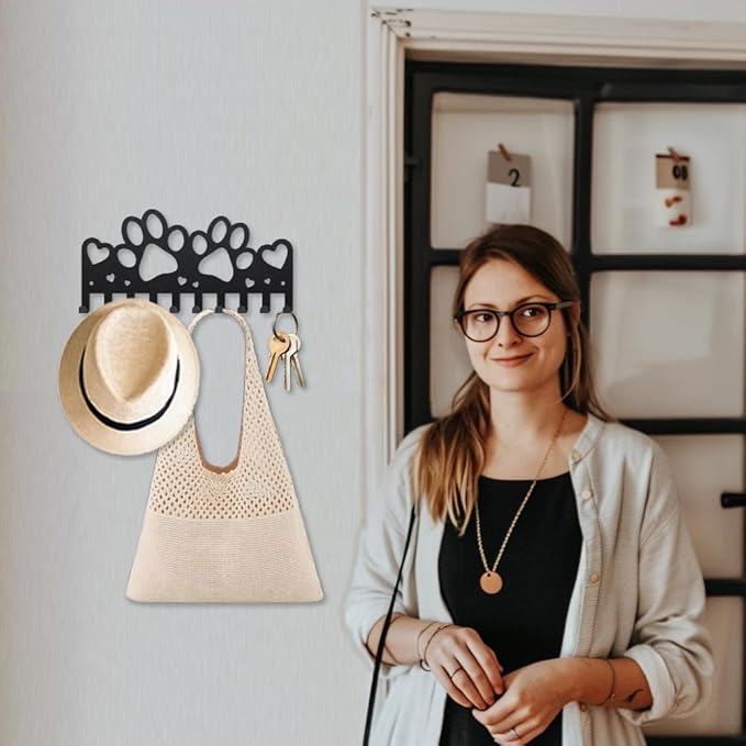MAYJOYDIY Paw Prints Coat Rack Wall Mount 9.8×4.7inch Heart Metal Paw Key Holder for Wall 10 Hooks Dog Leash Decorative Black Key Hooks for Gift Coats Hats Towels Bags