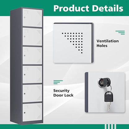 Letaya Metal Lockers for Employees,71" Steel Storage Cabinet with 6 Door Lockable for Office Staff,Home,Gym,School (Grey White)